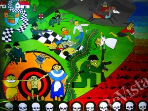 A brightly colored mural depicting the Sumpul River massacre, with a river of red and skulls lining the bottom of the mural.