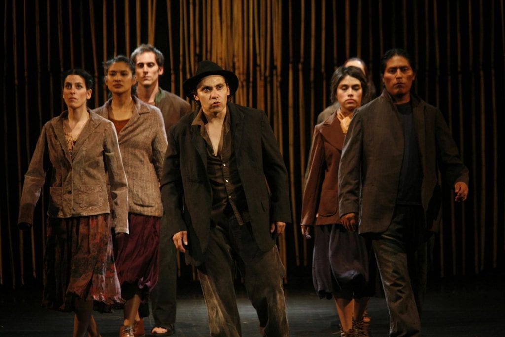 Seven actors and actresses perform on stage at La Odisea Teatro de los Andes during the he International Theater Festival.r