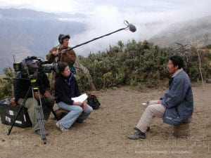 Pamela Yates and film crew filming in the Peruvian Andes with Ramiro Nino de Guzman for the State of Fear: The Truth About Terrorism.