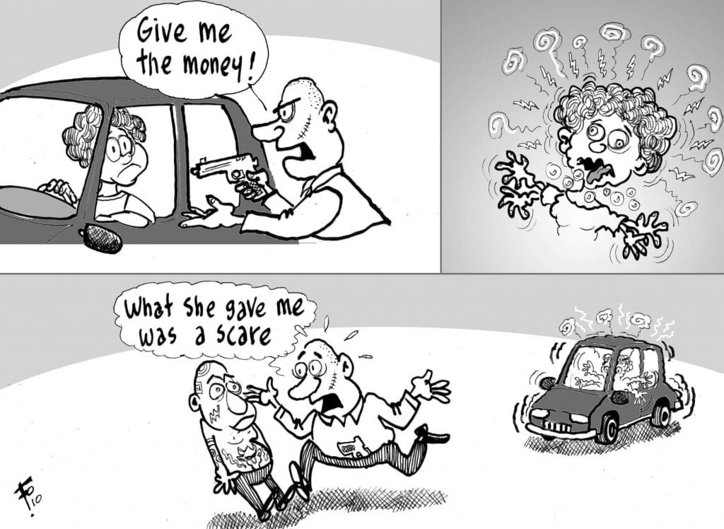 A cartoon: In the first frame, a man points a gun at a woman in a car and says, 